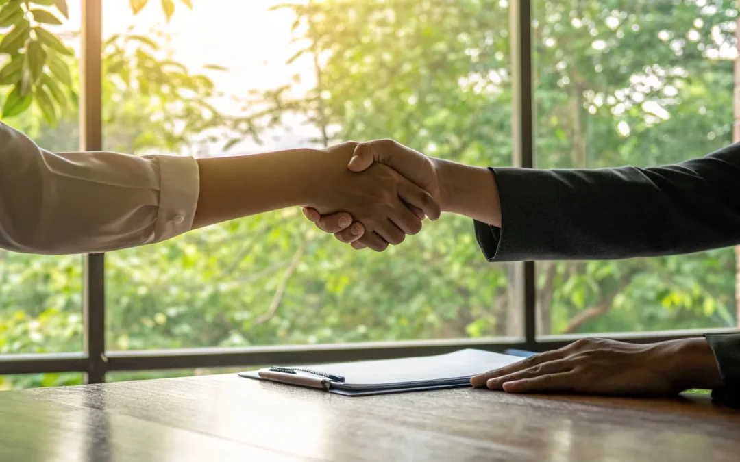 An estate planning attorney in Hot Springs, AR, shaking hands with a client over legal documents.