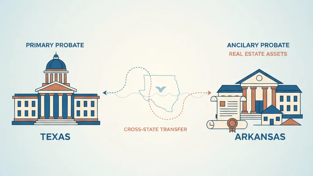 Ancillary probate process illustration showing cross-state property transfer between Texas and Arkansas courthouses