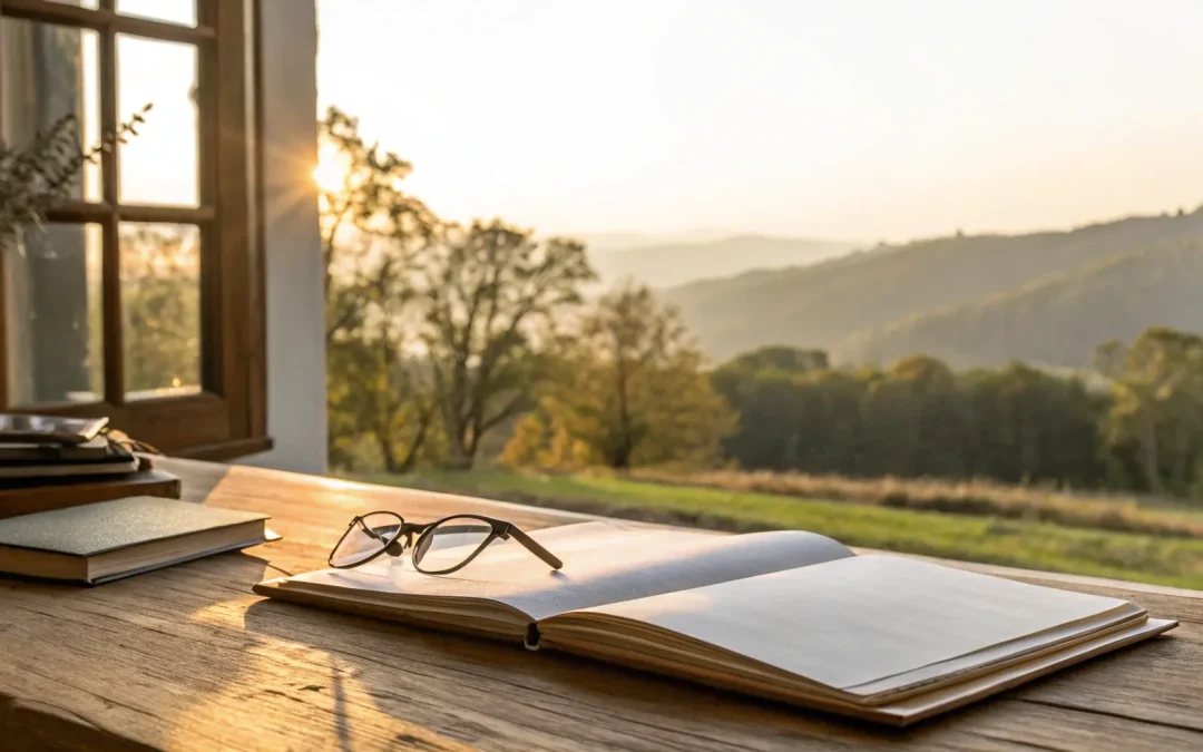 Arkansas estate administration: Books and glasses on a desk overlooking a serene landscape.