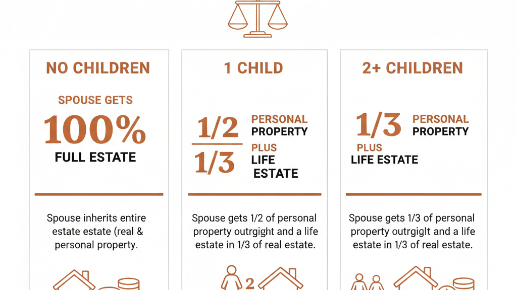 Comparison of Arkansas spousal inheritance rights showing what a spouse receives with no children, one child, or two or more children under intestate succession