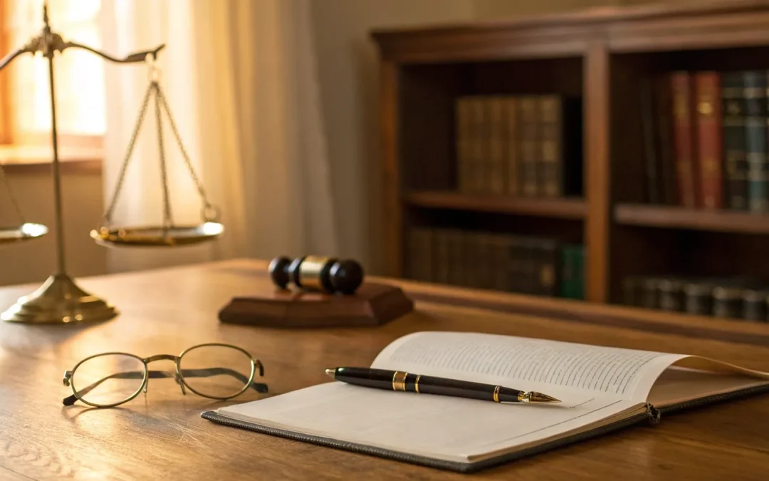 Arkansas probate lawyer's desk with scales, gavel, and law book.