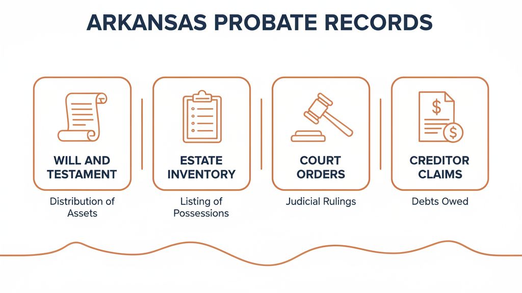 Types of Arkansas probate records: will and testament, estate inventory, court orders, and creditor claims