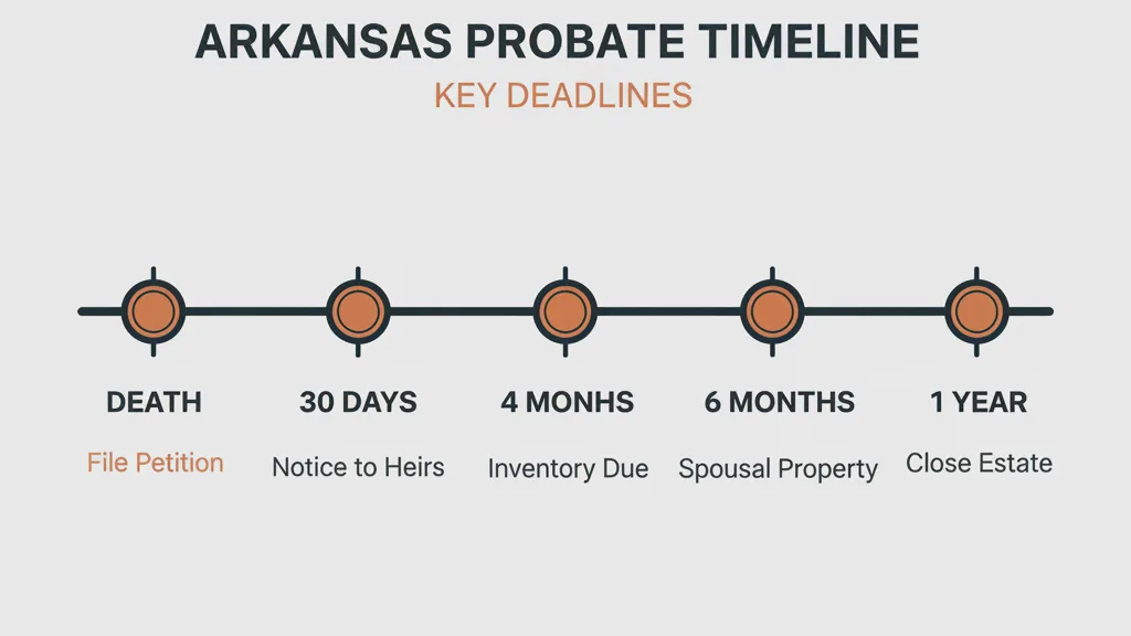 Arkansas probate statute of limitations timeline showing 5-year filing deadline and 6-month creditor claims period