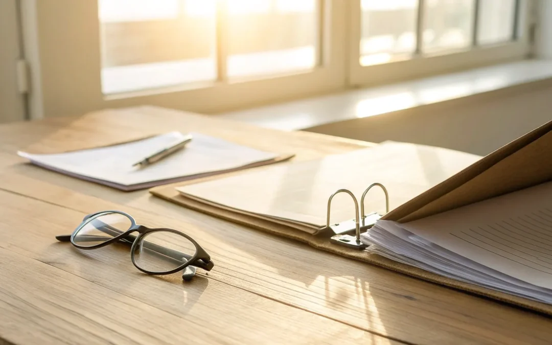 Small estate affidavit paperwork and glasses on desk.