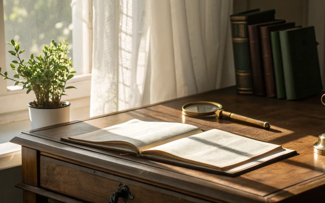 A desk with law books and a magnifying glass focused on the definition of probate in Arkansas.