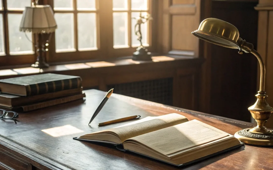 Will, pen, and lamp on desk. Arkansas probate.
