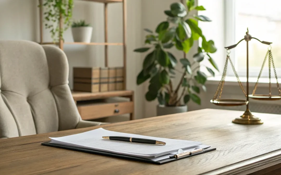 An Arkansas heirship affidavit on a legal desk with a pen and scales of justice.