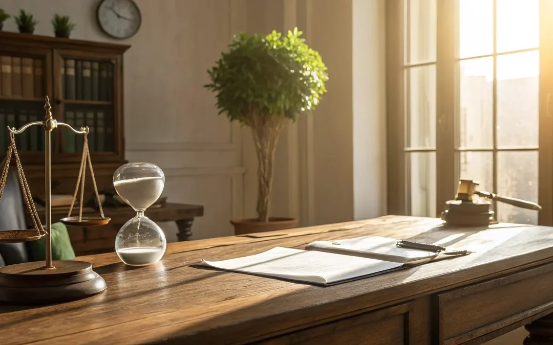 Arkansas probate: Gavel, hourglass, and scales on desk.