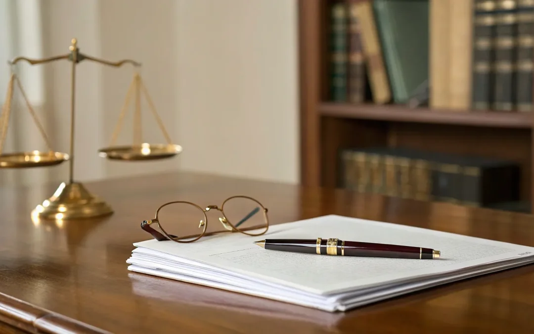 Arkansas probate lawyer fees: Scales of justice, legal documents, pen, and glasses.