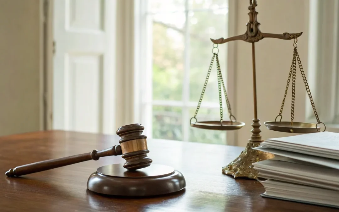 Arkansas probate process: Gavel and scales on desk.