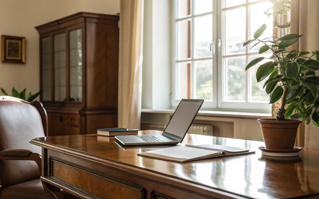 Little Rock estate lawyer's desk with laptop and law books.