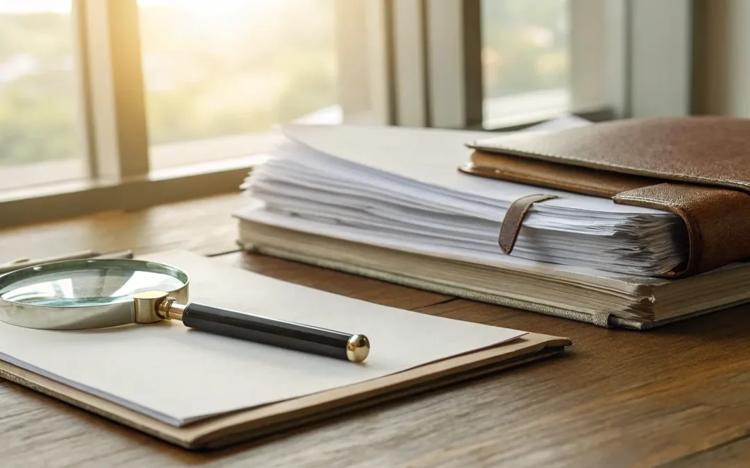 A magnifying glass over legal documents to find Arkansas probate court records.