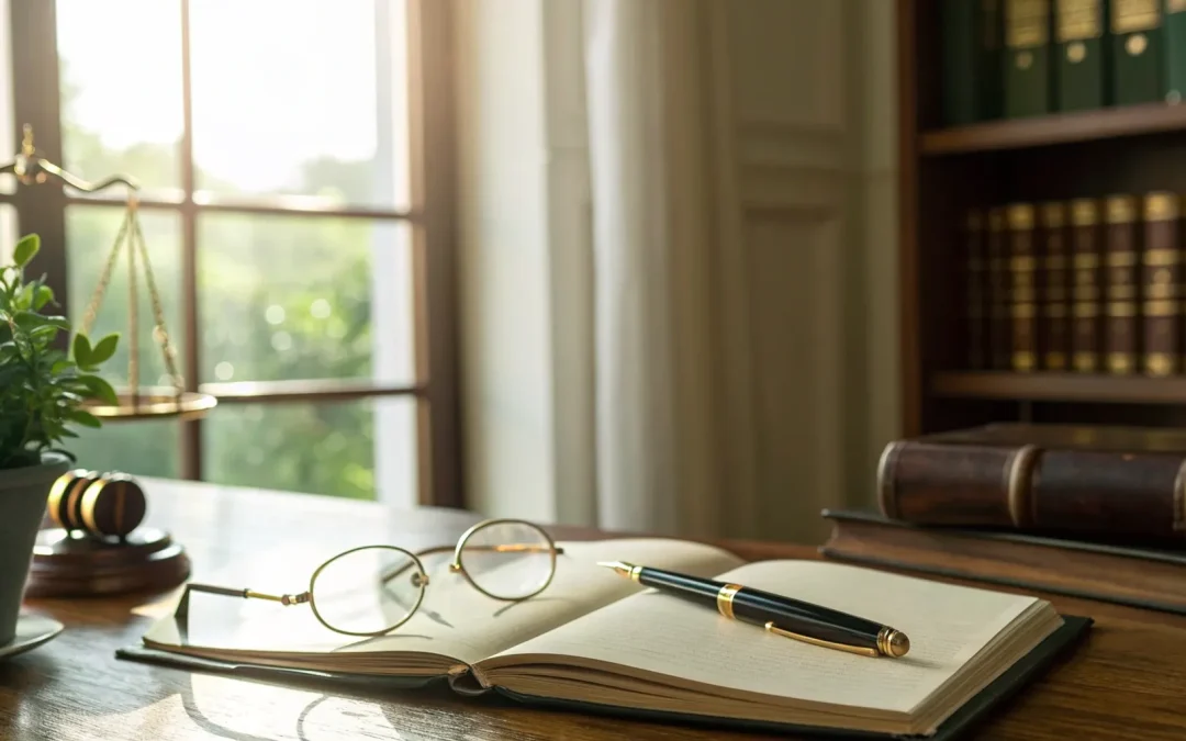 Scales of justice and legal books on the desk of a Little Rock, AR estate attorney.