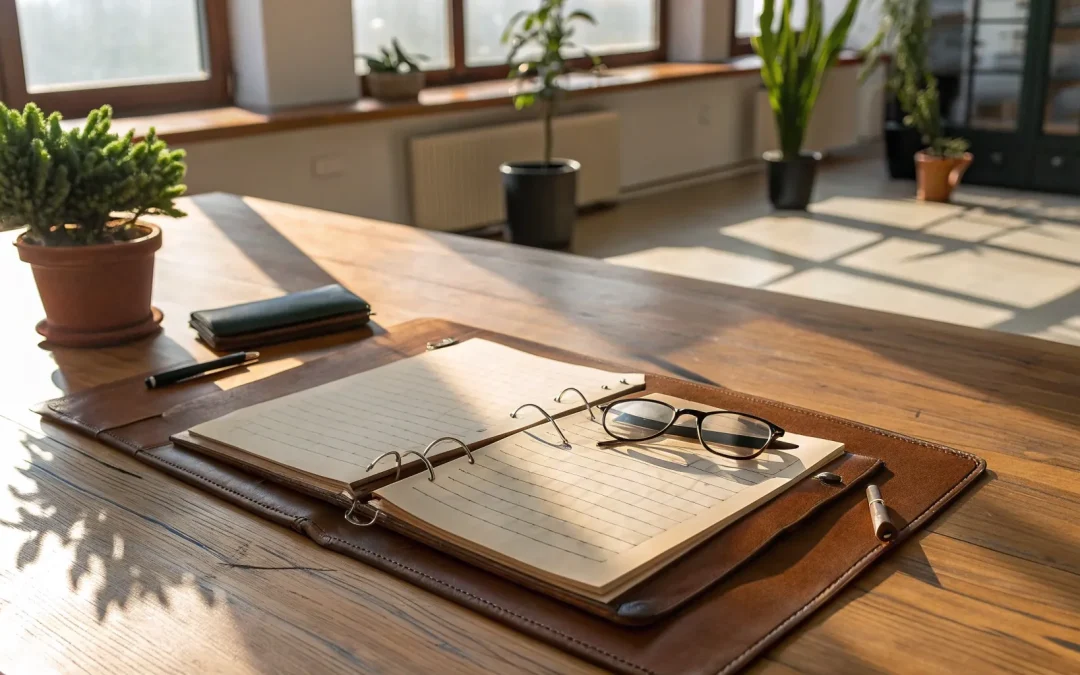 Arkansas probate asset distribution: Binder, pen, glasses, and wallet on desk.