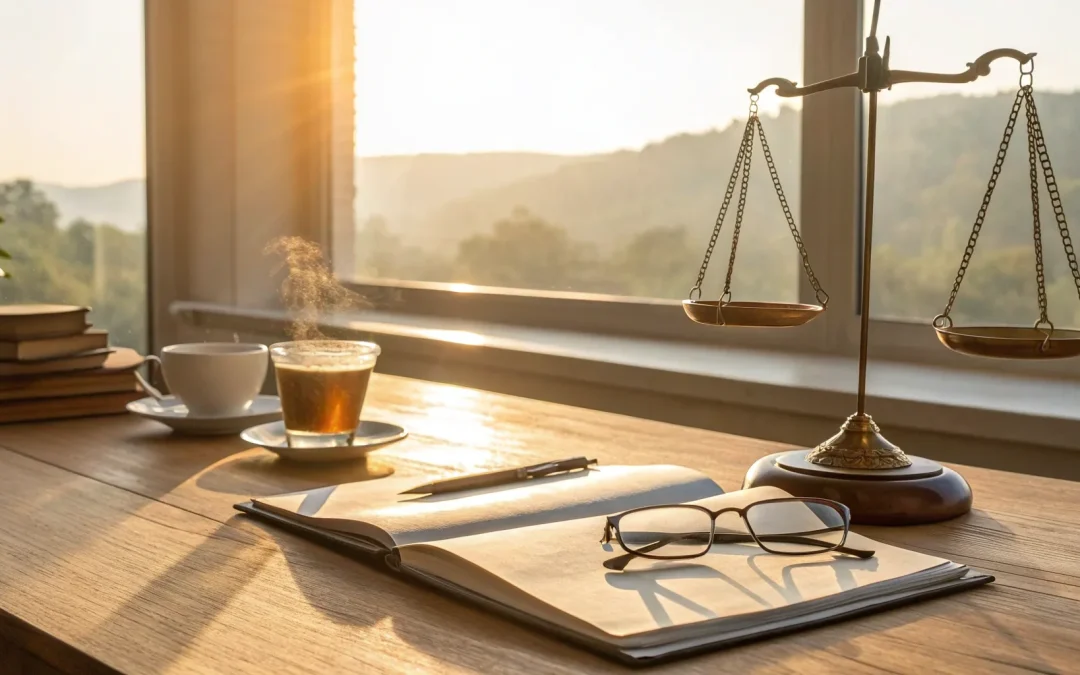 Settling an Arkansas estate: Scales of justice, book, and glasses on desk.