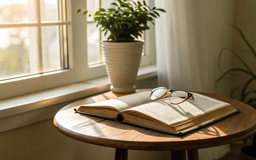 Arkansas inheritance advance: Open book and eyeglasses by a sunny window.